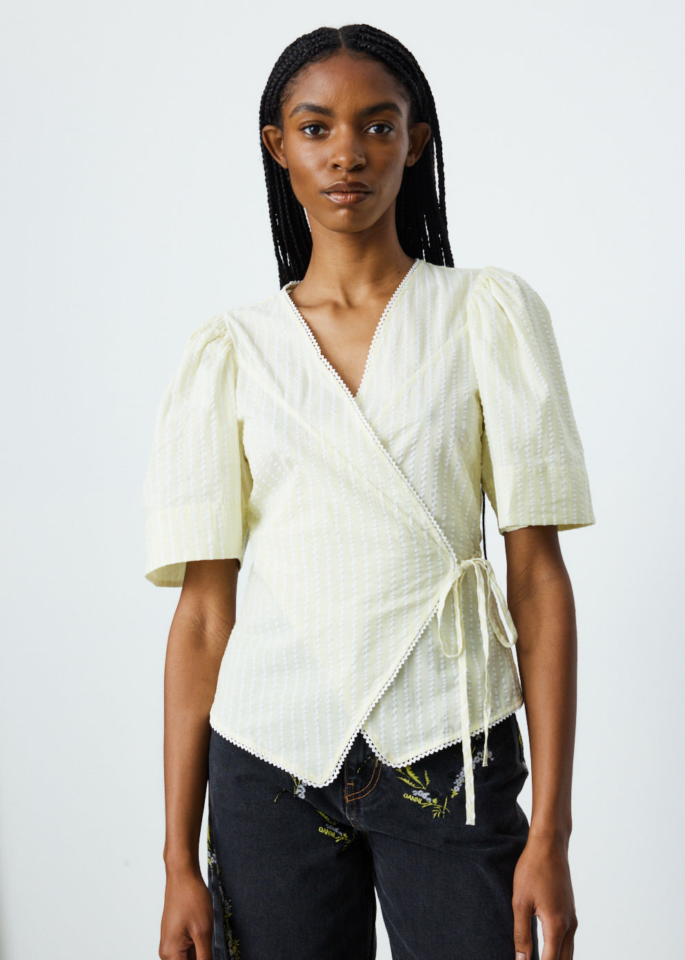 Light Seersucker Stripe Wrap Blouse