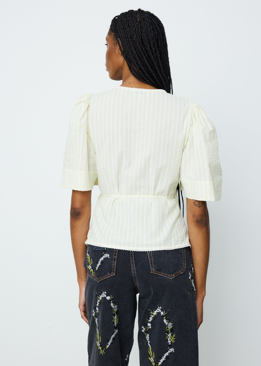 Light Seersucker Stripe Wrap Blouse