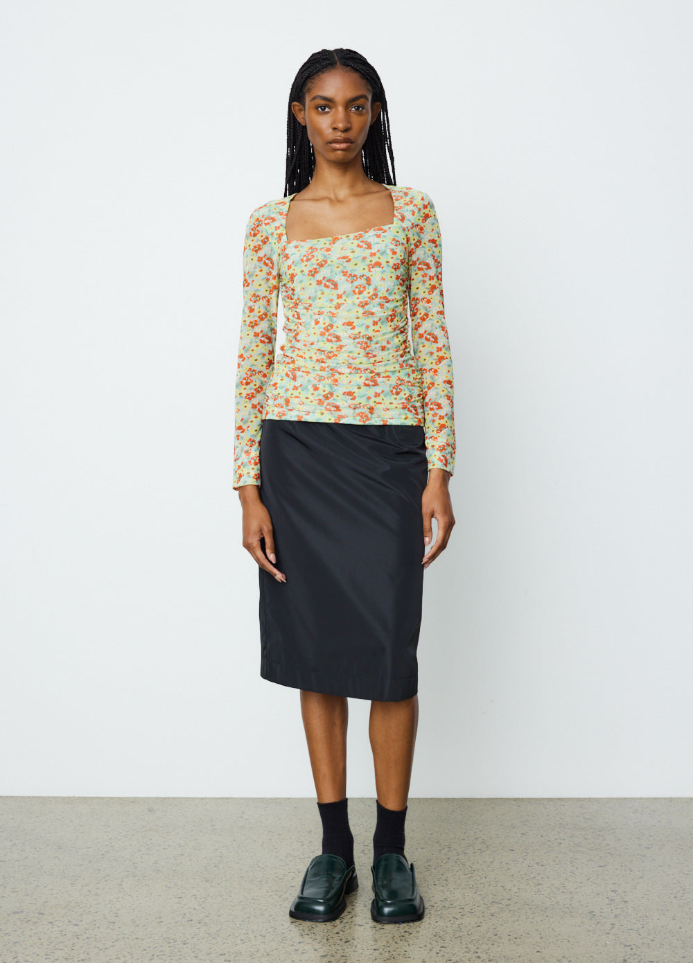Printed Mesh Ruched Long Sleeve Blouse