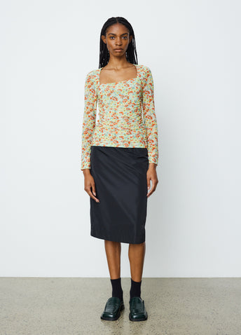 Printed Mesh Ruched Long Sleeve Blouse