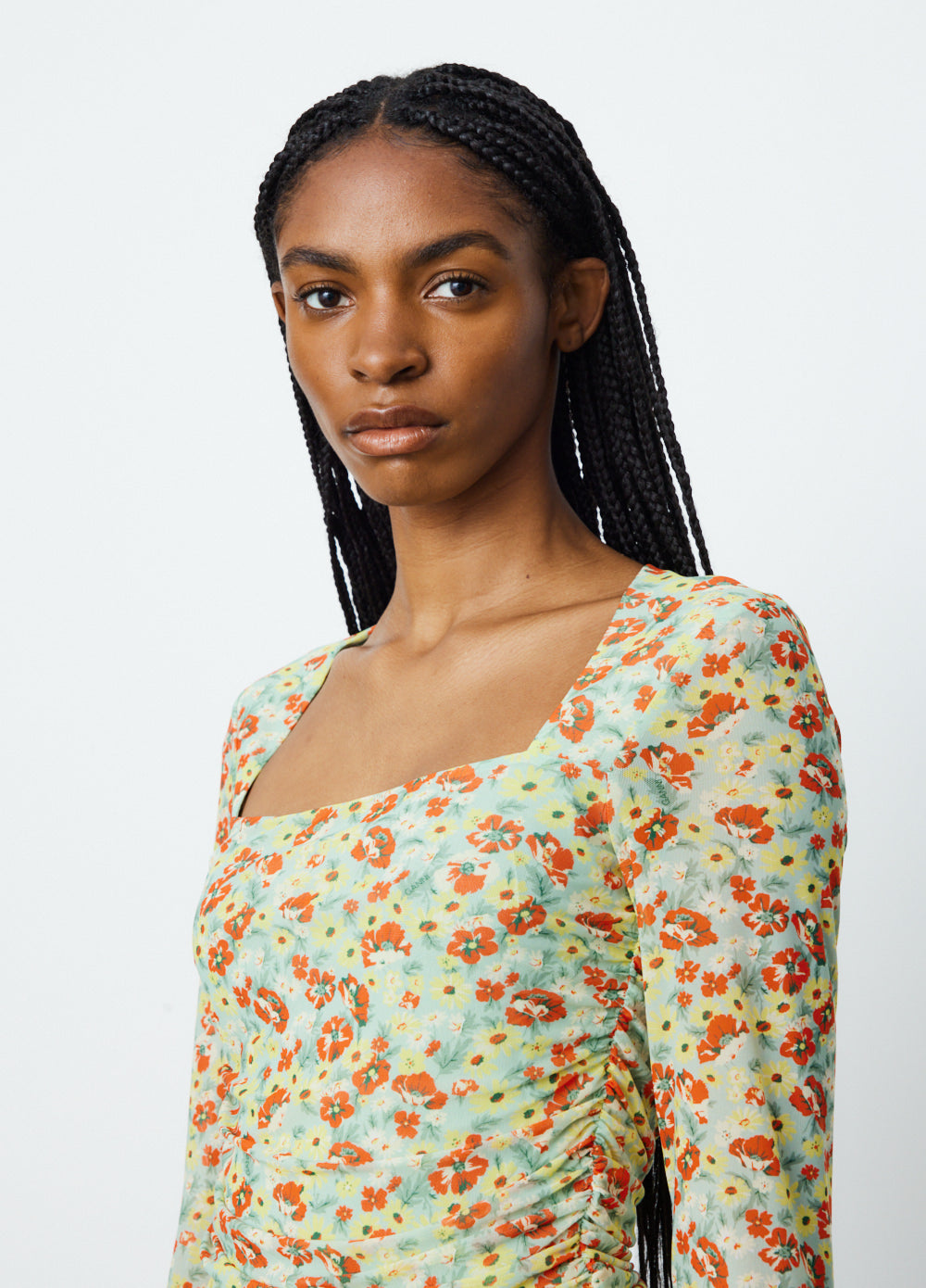 Printed Mesh Ruched Long Sleeve Blouse