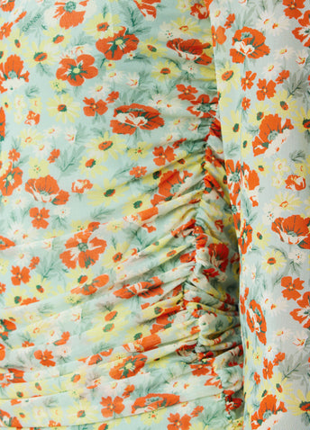 Printed Mesh Ruched Long Sleeve Blouse
