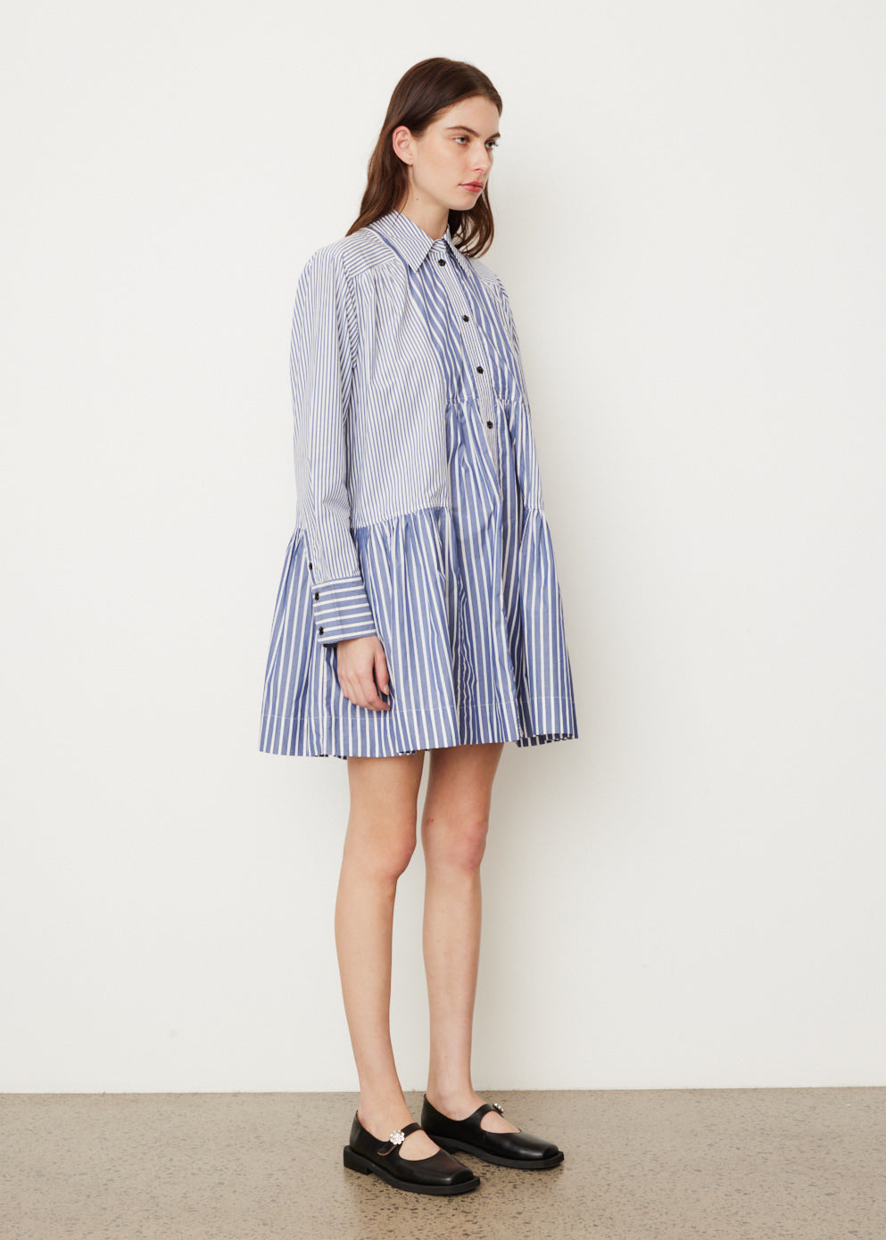 Stripe Cotton Wide Mini Shirt Dress
