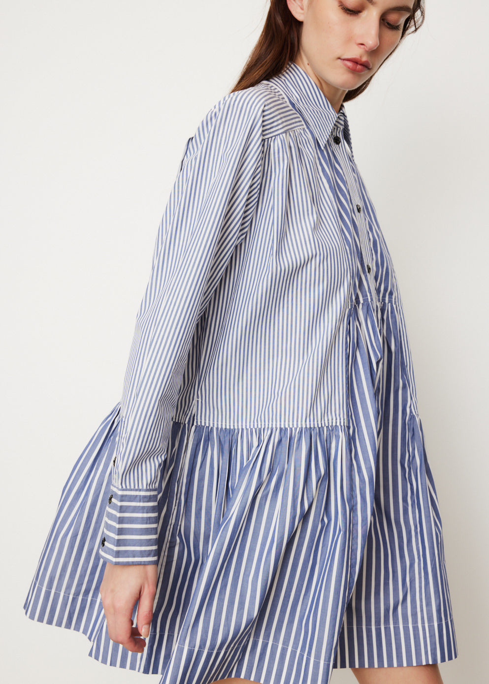 Stripe Cotton Wide Mini Shirt Dress