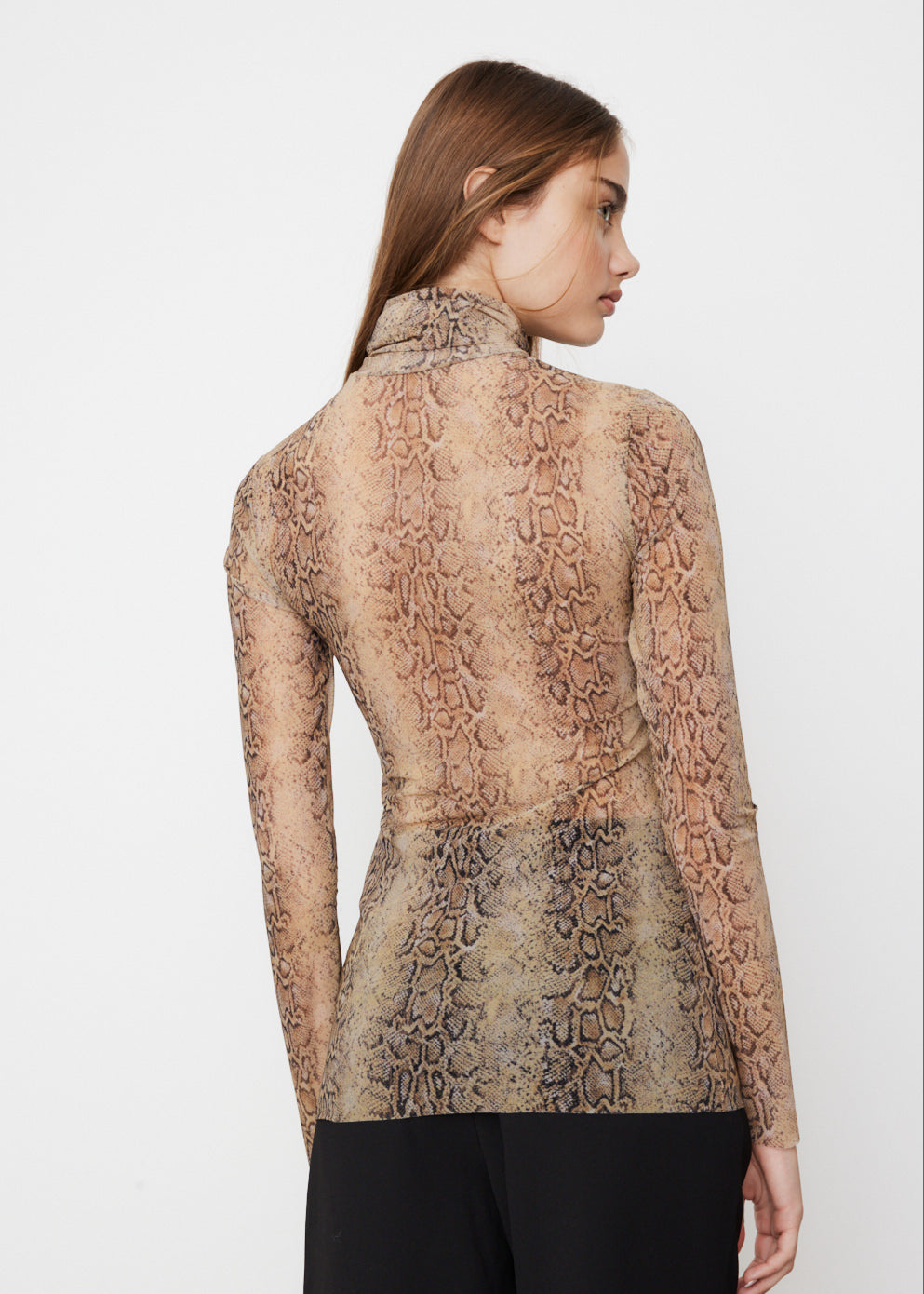 Printed Mesh Long Sleeve Fitted Rollneck Top