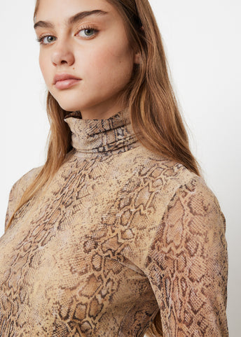 Printed Mesh Long Sleeve Fitted Rollneck Top